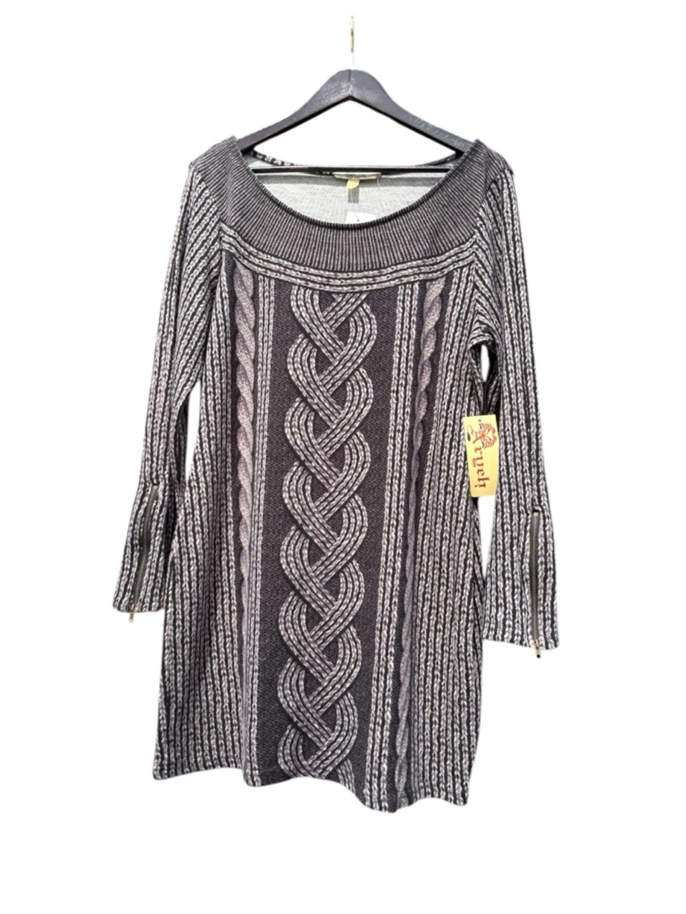 ARYEH Anthropologie Gray Cable-Knit Printed Acrylic Mini Dress Tunic Size XL